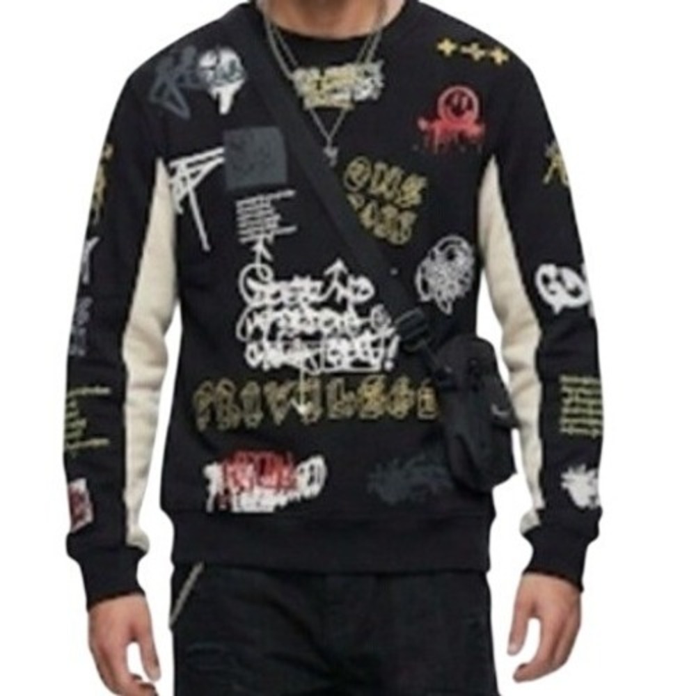 Bleecker & Mercer Mens Graffiti Print Crewneck Sweatshirt‎ Black White Small